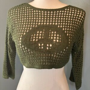 Speechless Kids Olive Crochet Peace symbol Crop Top Open Knit Sweater